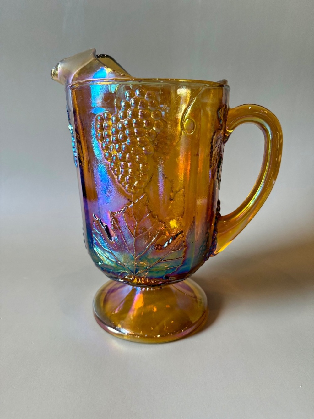 Vintage Indiana Glass Marigold Carnival Grape Vine Pitcher | Iridescent Pedestal
